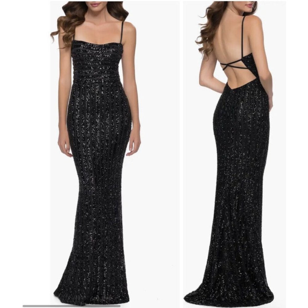 La Femme Womens 6 Stripe Pattern Sequin Evening Gown Formal Dress Black 29713